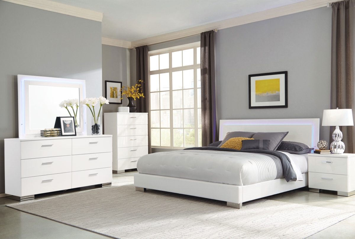Picture of Coaster Furniture 203500KE-S5L Felicity Bedroom Set with LED Headboard & Mirror&#44; Glossy White - Eastern King Size - 5 Piece