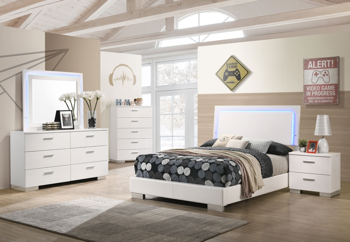 Picture of Coaster Furniture 203500F-S5L Felicity Bedroom Set with LED Headboard & Mirror&#44; Glossy White - Full Size - 5 Piece