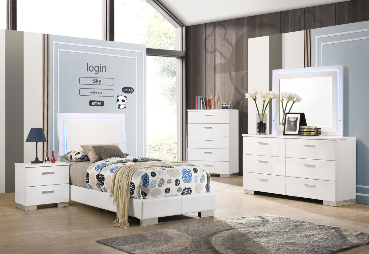 Picture of Coaster Furniture 203500T-S4L Felicity Bedroom Set with LED Headboard & Mirror&#44; Glossy White - Twin Size - 4 Piece
