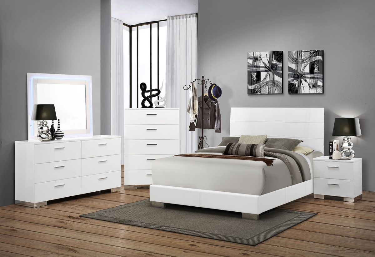 Picture of Coaster Furniture 203501KE-S5L Felicity Bedroom Set with LED Mirror&#44; Glossy White - Eastern King Size - 5 Piece