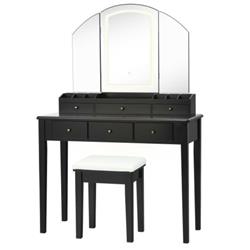 HU10055US-BK Vanity Table Stool Set with Large Tri-folding Lighted Mirror, Black
