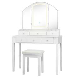 HU10055US-WH Vanity Table Stool Set with Large Tri-folding Lighted Mirror, White