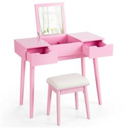 HU10059PI Makeup Vanity Table Set with Flip Top Mirror & 2 Drawer, Pink