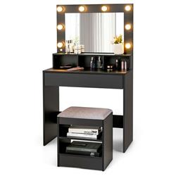 HU10060US-DK 55 x 16 x 31.5 in. Vanity Table Set with Lighted Mirror & Cushion Stool, Black