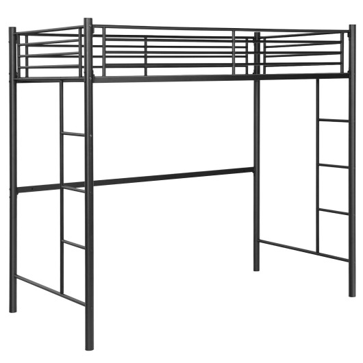HU10108DK Twin Size Loft Bed Frame with 2 Ladders Full-Length Guardrail, Black