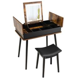 HU10218US-BN Vanity Table Set with Flip Top Mirror Lights USB Writing Desk & Stool, Brown