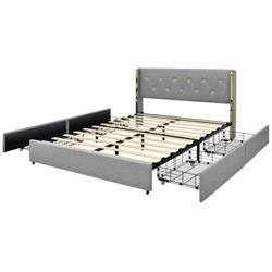 HU10228SL-F Full Size Upholstered Bed Frame with 4 Drawer, Silver