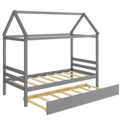 HU10292GY Twin Size House Bed Frame with Trundle Roof Wooden Platform Mattress Foundation, Gray -  Total Tactic