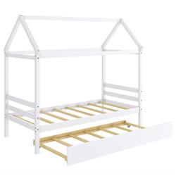 HU10292WH Twin Size House Bed Frame with Trundle Roof Wooden Platform Mattress Foundation, White -  Total Tactic