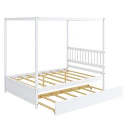 HU10293WH Full Size Canopy Bed with Trundle Wooden Platform Bed Frame Headboard, White