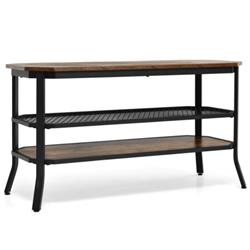 HV10178CF 3-Tier Console Table TV Stand with Mesh Storage Shelf-Rustic Brown