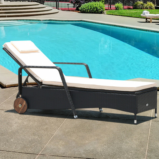 HW62361Plus Adjustable Reclining Patio Rattan Wicker Lounge Chair with Wheels
