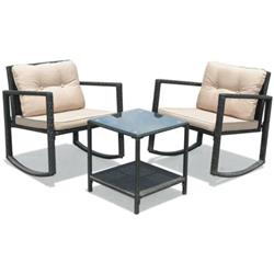 HW62861BN Wicker Rocking Bistro Set with Glass Coffee Table & Storage Shelf, Beige - 3 Piece