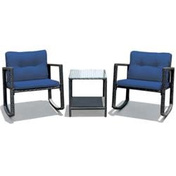 HW62861NY Patio Rattan Set Rocking Chair Cushioned Sofa Garden Furniture, Navy - 3 Piece -  Total Tactic