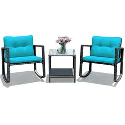 HW62861TU Wicker Rocking Bistro Set with Glass Coffee Table & Storage Shelf, Blue - 3 Piece