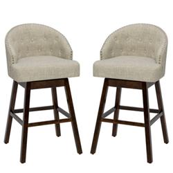 Picture of Total Tactic JV10541BE Swivel Tufted Bar Height Pub Chair Bar Stool with Rubber Wood Legs, Beige - Set of 2