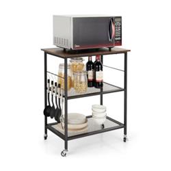 JZ10017CF 3-Tier Kitchen Serving Cart Utility Standing Microwave Rack with Hooks, Brown