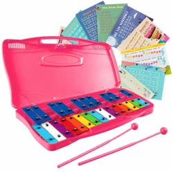 MU10038PI 25 Notes Kids Glockenspiel Chromatic Metal Xylophone, Pink