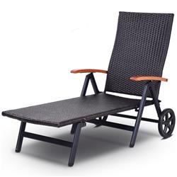 OP3417 Folding Back Adjustable Aluminum Rattan Recliner Lounger with Wheels - Brown