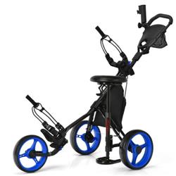 SP37603BL 3 Wheel Folding Golf Push Cart with Seat Scoreboard & Adjustable Handle, Blue