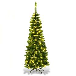 CM22070 4.5 ft. Pre-Lit Premium Hinged Artificial Fir Pencil Christmas Tree with LED Lights, Green