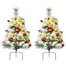 CM22864 24 in. Outdoor Battery Powered Pre-Lit Pathway Flocked Christmas Tree - Set of 2