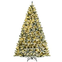 CM23444US 8 ft. Pre-lit Snow Flocked Christmas Tree with Tips & Metal Stand, Green