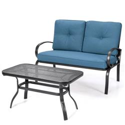 HW51784NY Patio Outdoor Cushioned Coffee Table Seat, Blue - 2 Piece