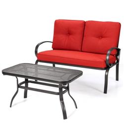 HW51784RE Patio Outdoor Cushioned Coffee Table Seat, Red - 2 Piece