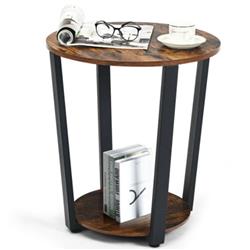 HW63074CF 2-Tier Round End Table with Storage Shelf & Metal Frame, Brown