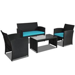 HW63239TU Wicker Conversation Furniture Set Patio Sofa & Table Set, Turquoise - 4 Piece