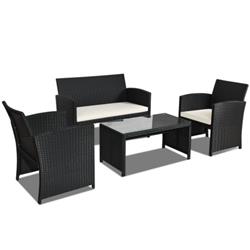 HW63239WH Wicker Conversation Furniture Set Patio Sofa & Table Set, White - 4 Piece