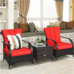 HW63762RE Rattan Coffee Table Set Chair, Red - 3 Piece