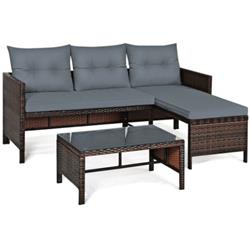 HW63870GR Patio Wicker Rattan Sofa Set, Gray - 3 Piece