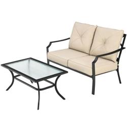 NP10084WL-BE Patio Outdoor Cushioned Sofa Bench with Coffee Table, Beige - 2 Piece