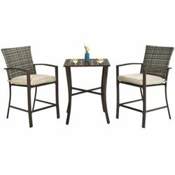 NP10086CF Rattan Bar Furniture Set with Slat Table & 2 Cushioned Stools, Brown - 3 Piece