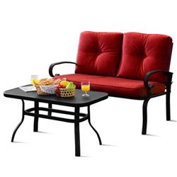 NP10179RE Patio Loveseat Bench Table Furniture Set with Cushioned Chair, Red - 2 Piece