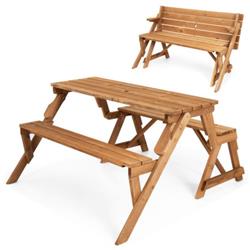 NP10426TN 2-in-1 Transforming Interchangeable Wooden Picnic Table Bench with Umbrella Hole, Dark Golden & Brown