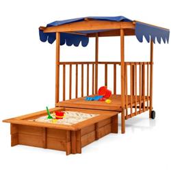 Picture of Total Tactic NP10427YE Kids Outdoor Wooden Retractable Sandbox with Cover & Built-in Wheel&#44; Natural