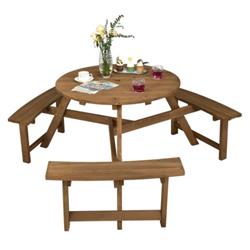 NP10434TN 6-Person Round Wooden Picnic Table with Umbrella Hole & 3 Built-in Benches, Dark Brown