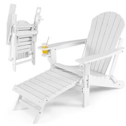 NP10509WH Patio All-Weather Folding Adirondack Chair with Pull-Out Ottoman, White
