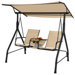 NP10699MS 2-Seat Outdoor Cushioned Porch Swing with Adjustable Canopy & Tempered Glass Table, Beige