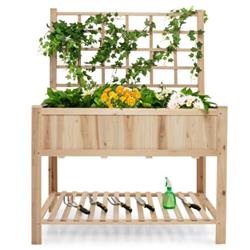 TH10018 Costway Raised Garden Bed Elevated Wooden Planter Box with Trellis