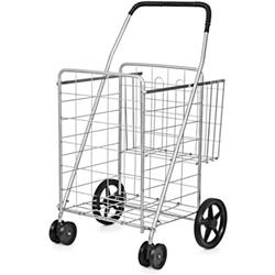Picture of Total Tactic TL32734SL Folding Shopping Cart for Laundry with Swiveling Wheel & Dual Storage Baskets, Sliver