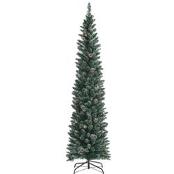 CM23634 7 ft. Snowy Artificial Pencil Christmas Tree with Pine Cones, Green