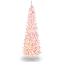 CM23972 7 ft. Pre-Lit Snow Flocked Hinged Pencil Christmas Tree with 300 Lights & 8 Modes