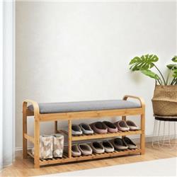 3-Tier Bamboo Shoe Rack Bench - Natural - 39.5in. x 13in. x 20in. - Comfortable Cushion
