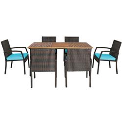 HW65409ATUPlus Patio Rattan Cushioned Dining Set with Umbrella Hole, Turquoise - 7 Piece