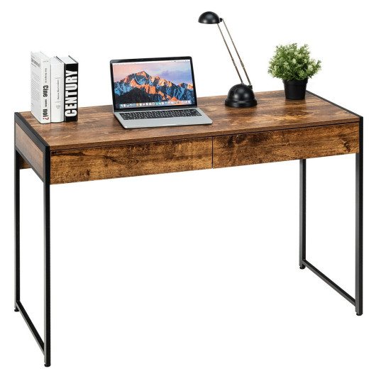 HW65576CF 2 Drawer Computer Desk Study Table Home Office Writing Workstation, Rustic Brown