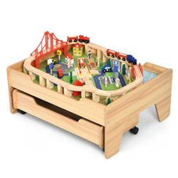 TM10001 Childrens Wooden Railway Set Table with 100 Piece Storage Drawer